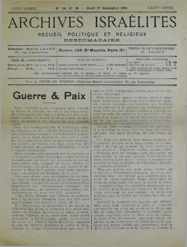 Archives israélites de France. Vol.75 N°36-37-38 (17 sept. 1914)
